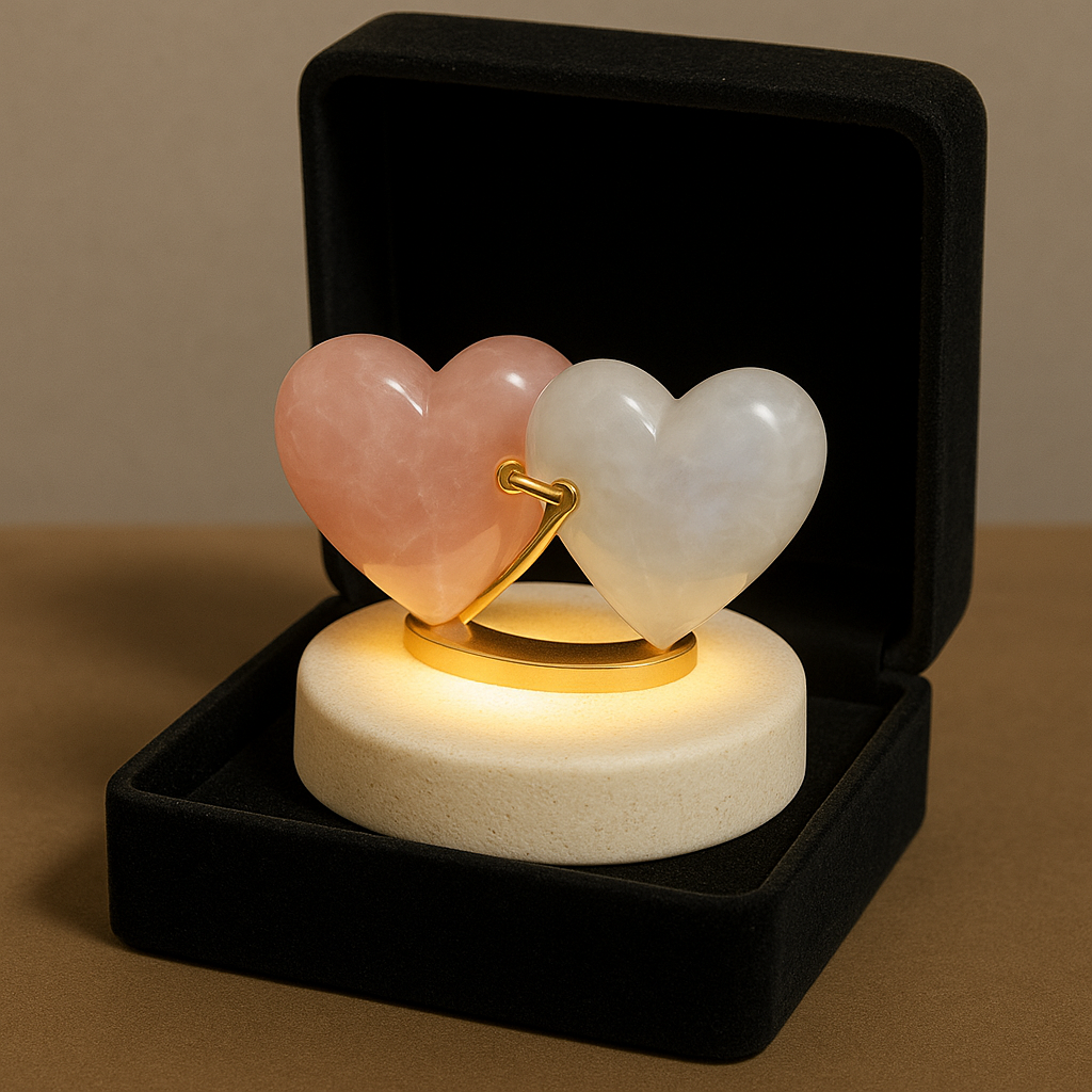 Lovers’ Embrace Duo – Rose Quartz & Moonstone Heart Set