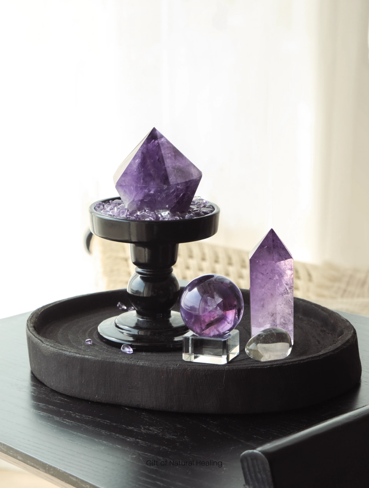 Violet Bloom Crystal Gift —Amethyst Cluster Arrangement with Preserved Flora