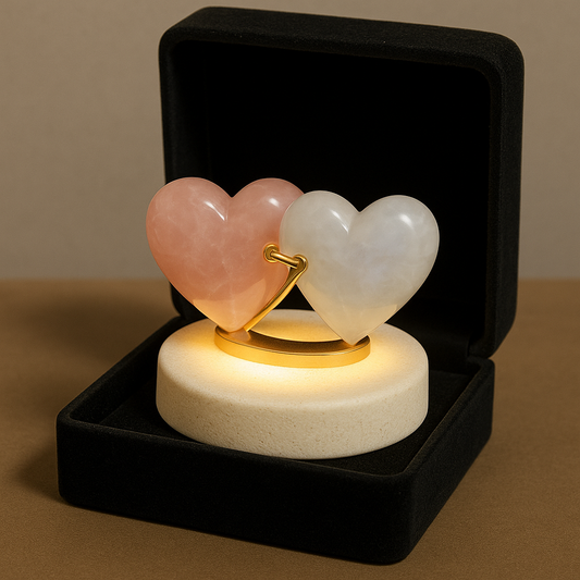 Lovers’ Embrace Duo – Rose Quartz & Moonstone Heart Set