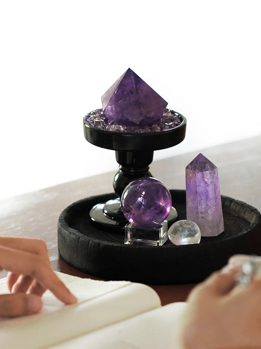 Violet Bloom Crystal Gift —Amethyst Cluster Arrangement with Preserved Flora