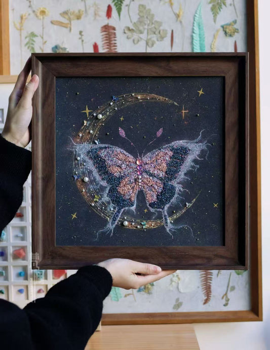 Lunar Flight — Crystal Butterfly & Crescent Moon Art in Walnut Frame
