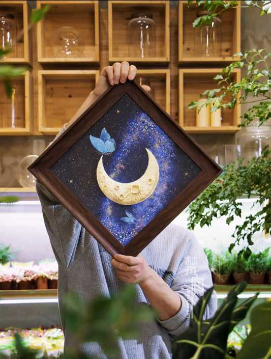 Moon Garden — 3D Crescent Moon & Butterfly Cosmic Art in Walnut Frame