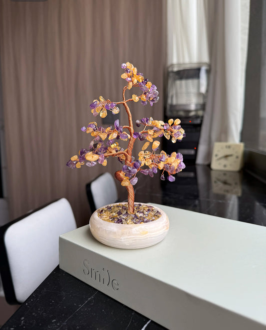Balance Tree — Citrine & Amethyst Crystal Tree in Polished Stone Pot