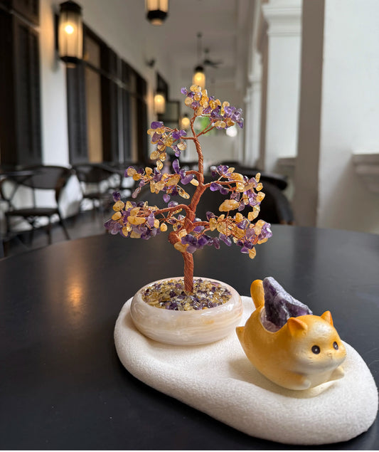 Twin Energy Crystal Tree — Handmade Citrine & Amethyst Gemstone Tree