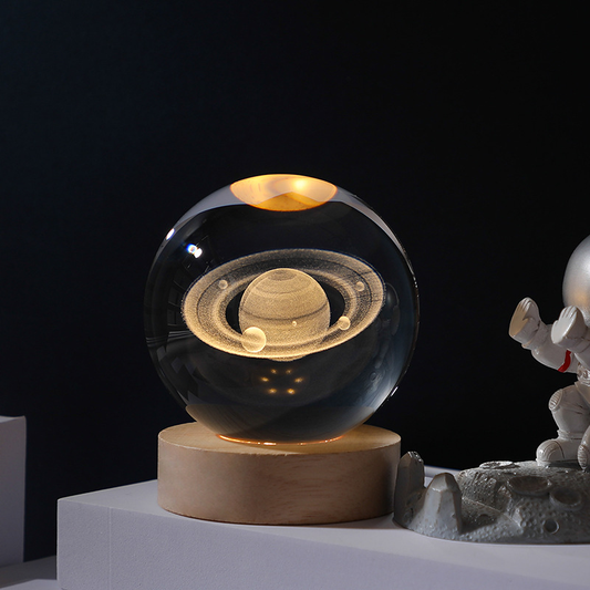 Saturn Light Globe — 3D Laser-Etched Crystal Lamp with Wooden Base