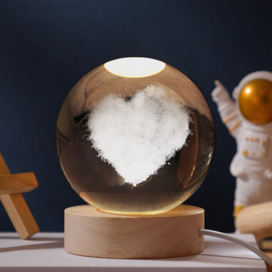 Crystal Heart Globe Lamp — 3D Heart Light Sphere with Wooden Base